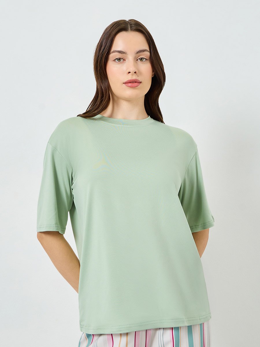 Green Short Sleeve T-Shirt and Striped Pyjama Set