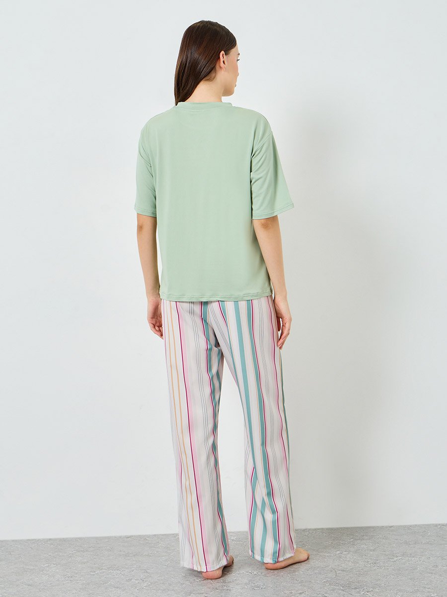 Green Short Sleeve T-Shirt and Striped Pyjama Set