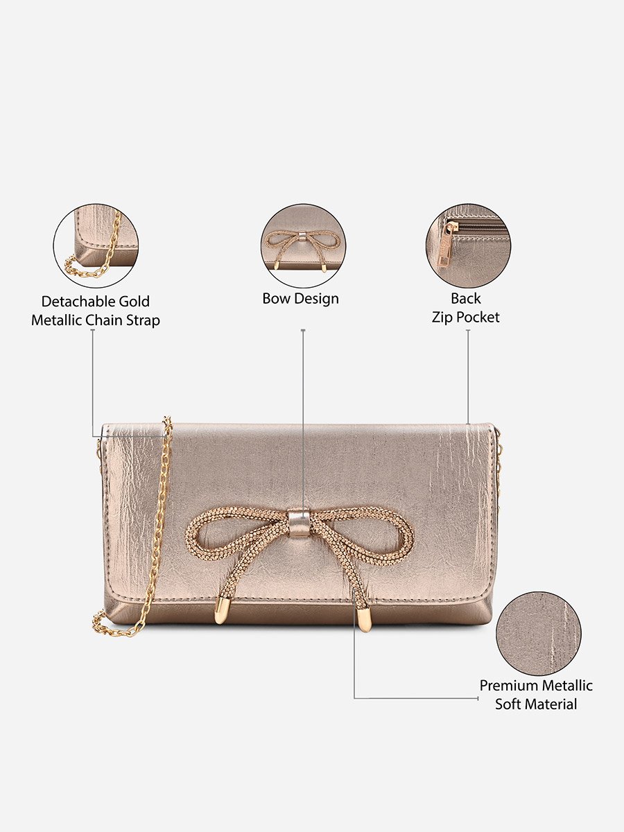 Women Gold Bow Clutch with Chain Strap