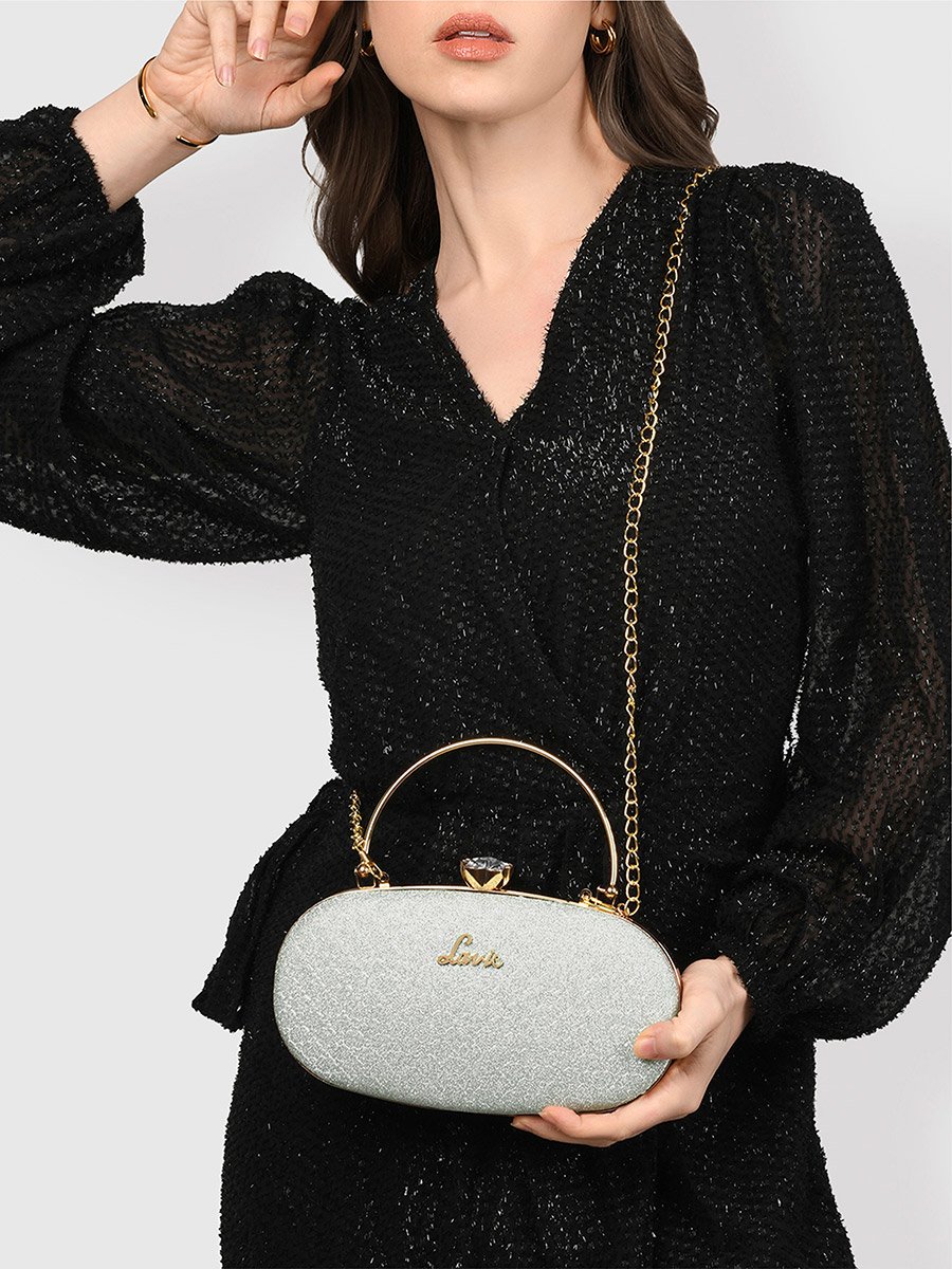 Women Silver Clutch Bag with Top Handle