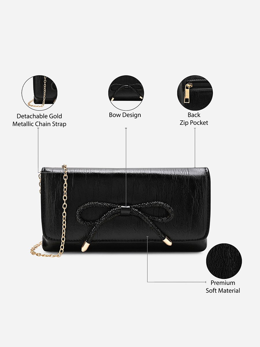 Women Black Bow Clutch with Chain Strap