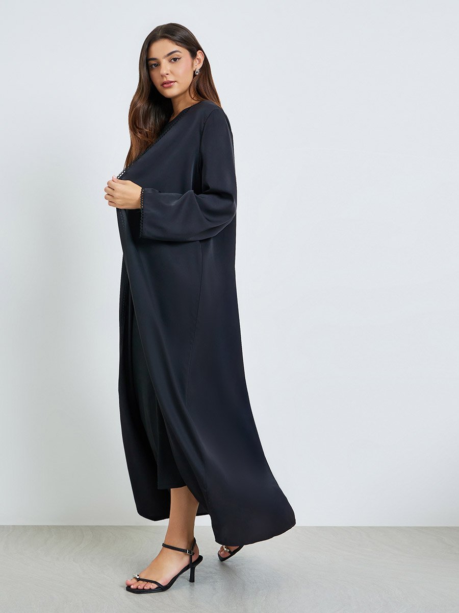 Black Front Open Abaya with Lace Trim