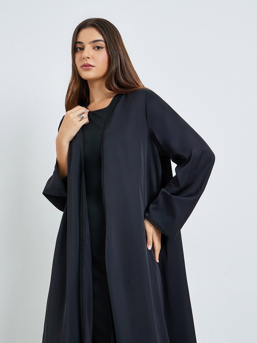 Black Front Open Abaya with Lace Trim