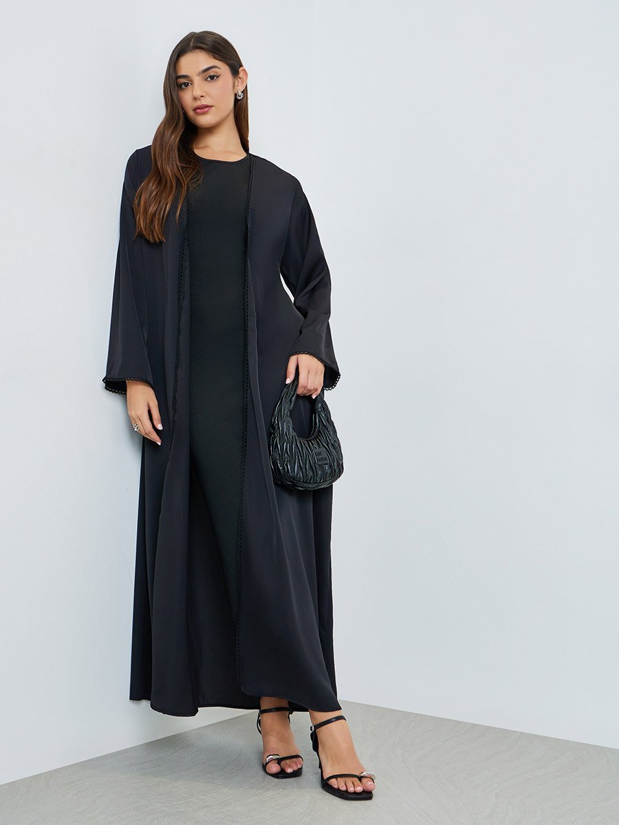 Black Front Open Abaya with Lace Trim