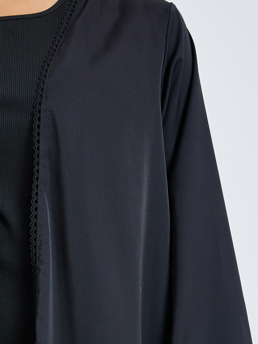 Black Front Open Abaya with Lace Trim