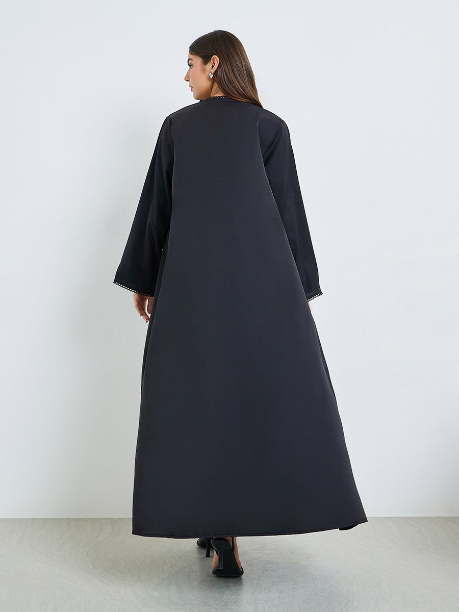 Black Front Open Abaya with Lace Trim