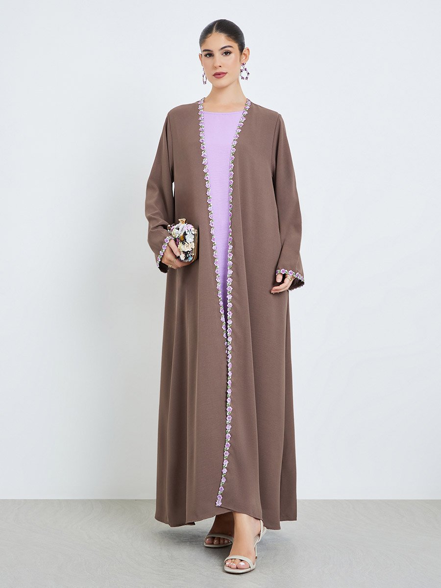 Brown Front Open Abaya with Floral Trim