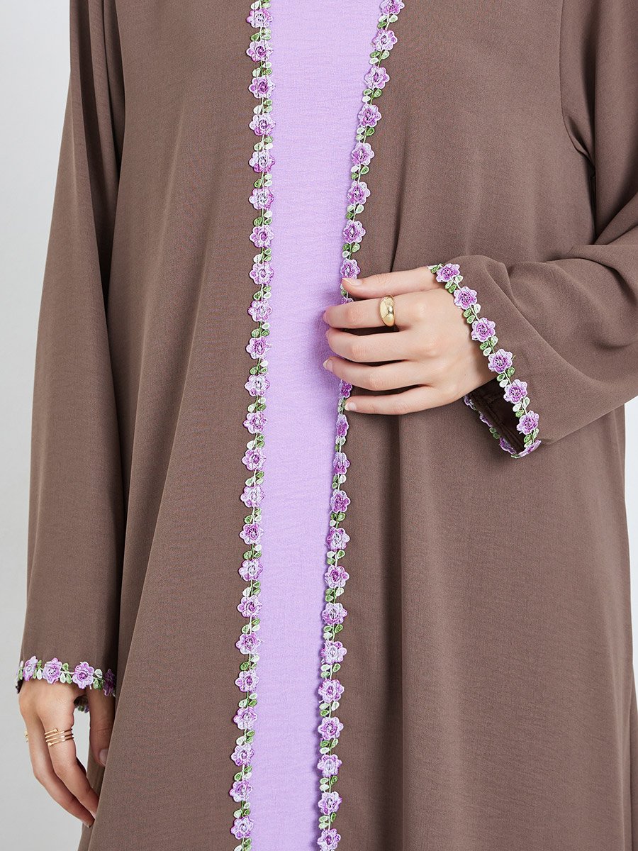 Brown Front Open Abaya with Floral Trim