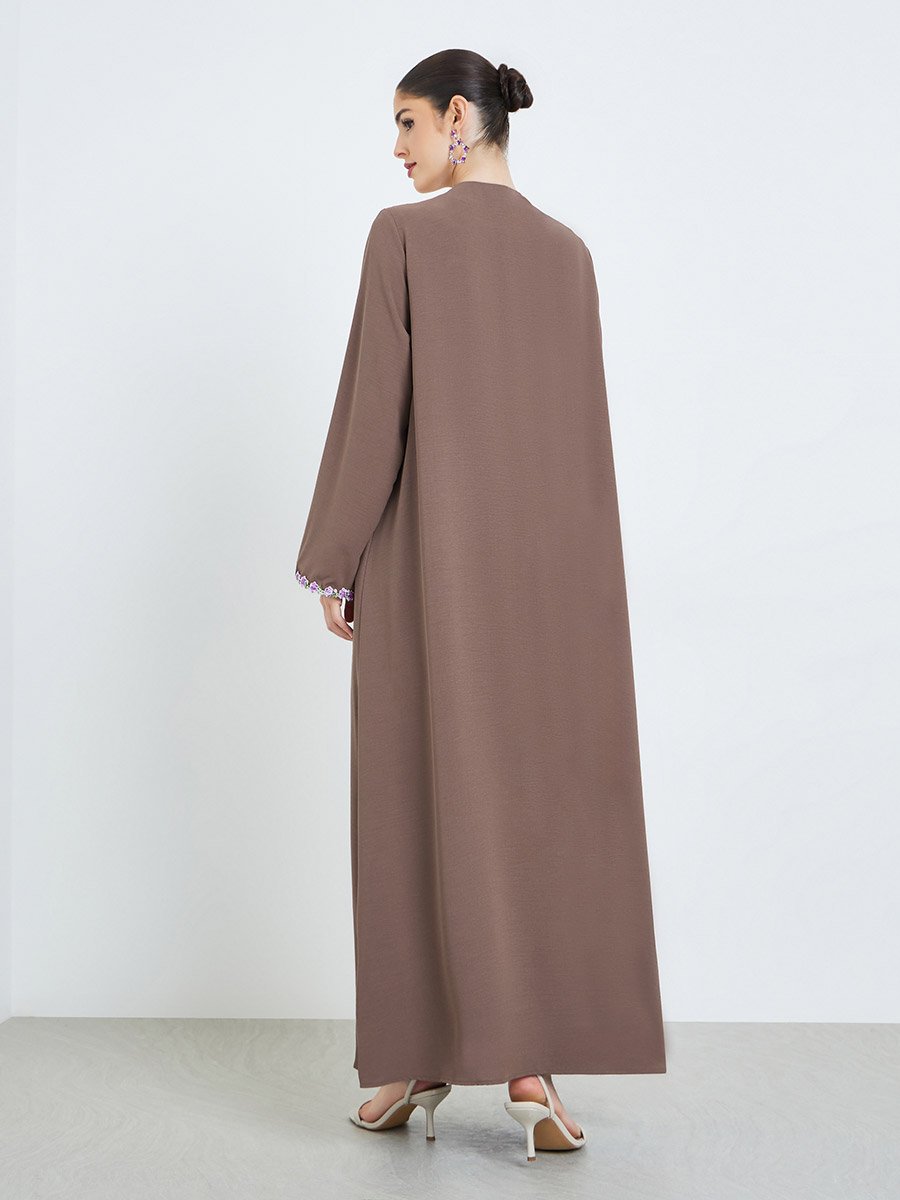 Brown Front Open Abaya with Floral Trim