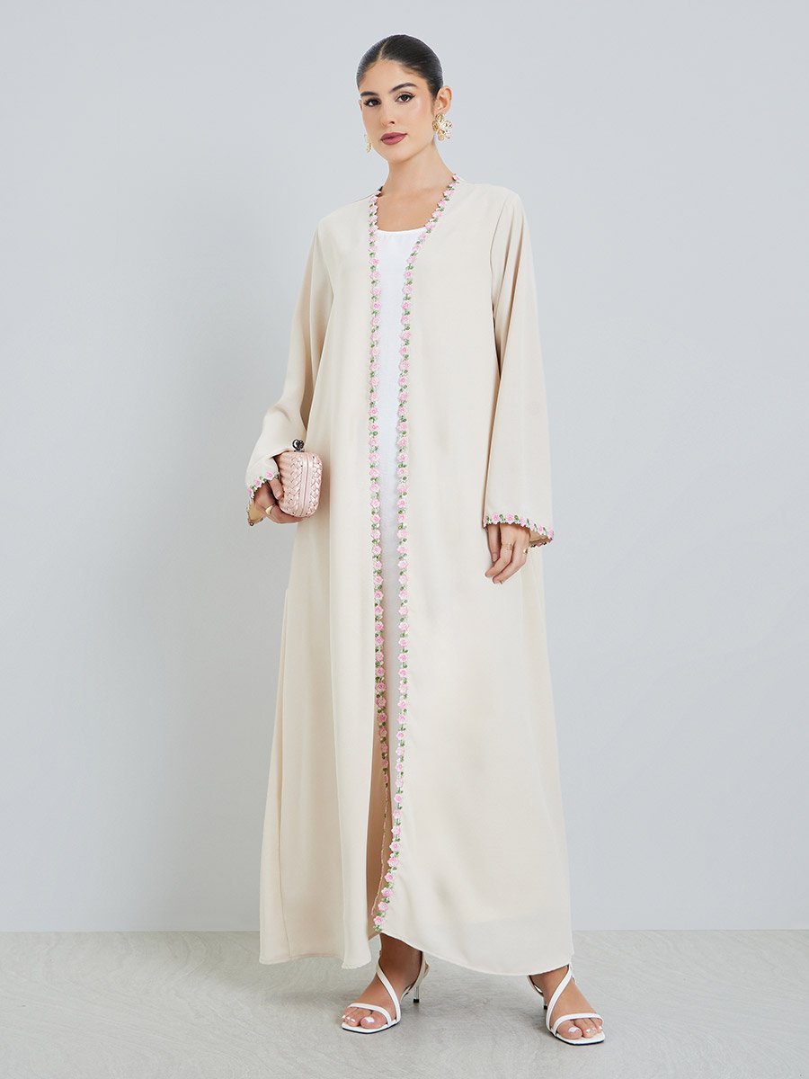 Cream Front Open Abaya with Floral Trim