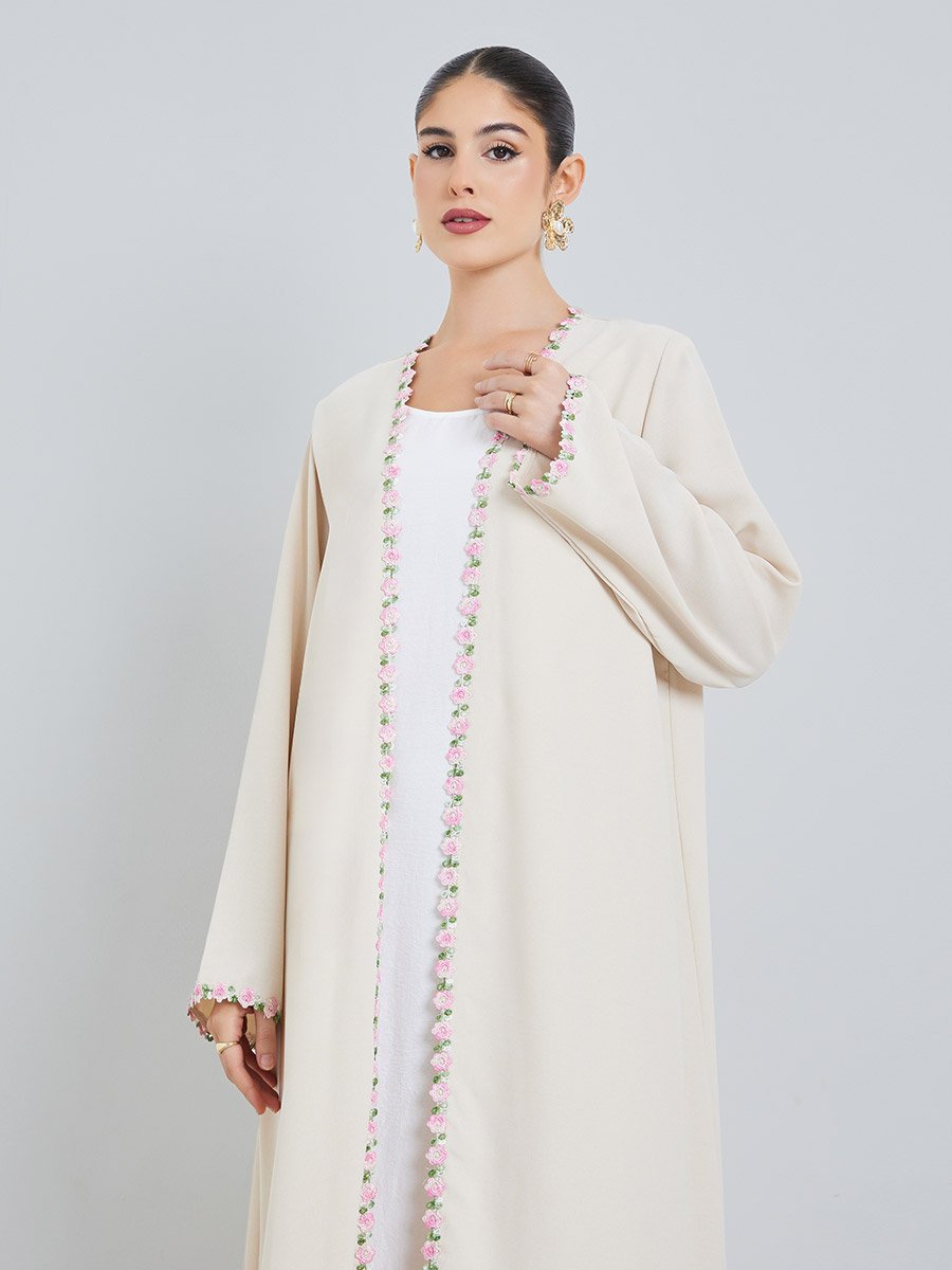 Cream Front Open Abaya with Floral Trim