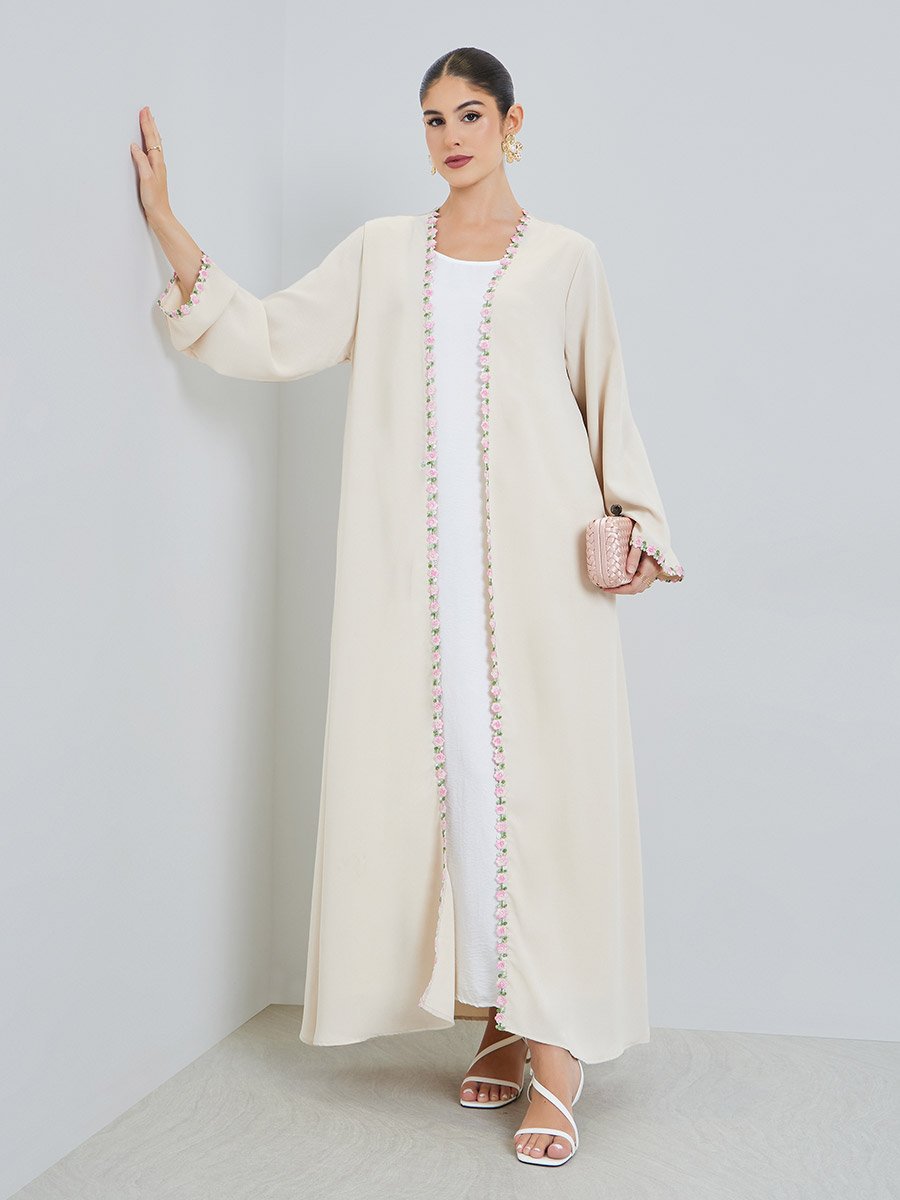 Cream Front Open Abaya with Floral Trim
