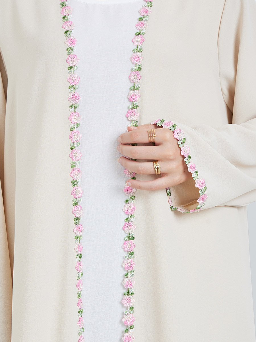 Cream Front Open Abaya with Floral Trim