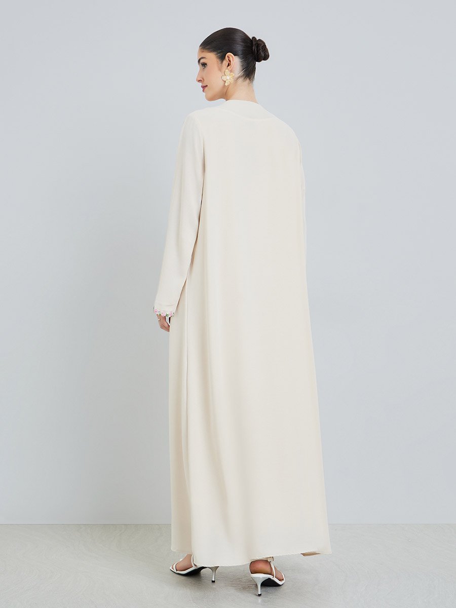 Cream Front Open Abaya with Floral Trim