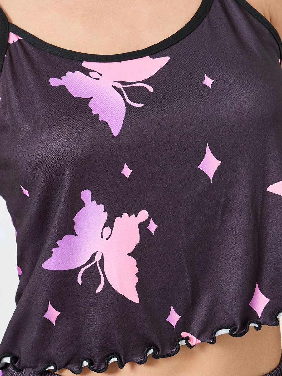 Black Butterfly Print Cami and Shorts Set
