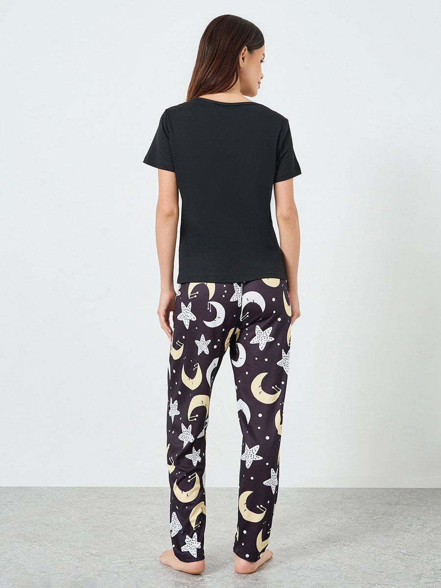 Black Star Moon Print T-Shirt and Pyjama Set