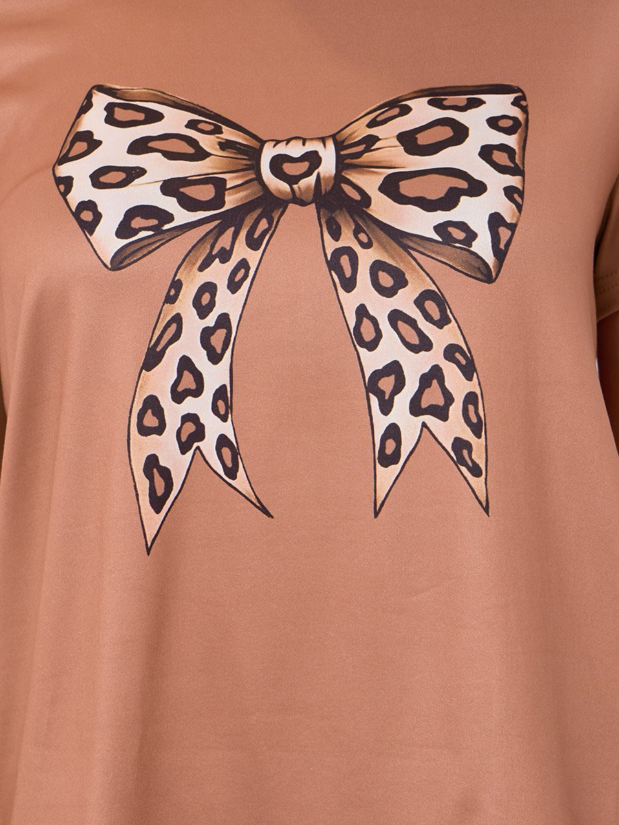 Brown Bow Print T-Shirt and Leopard Pyjama Set