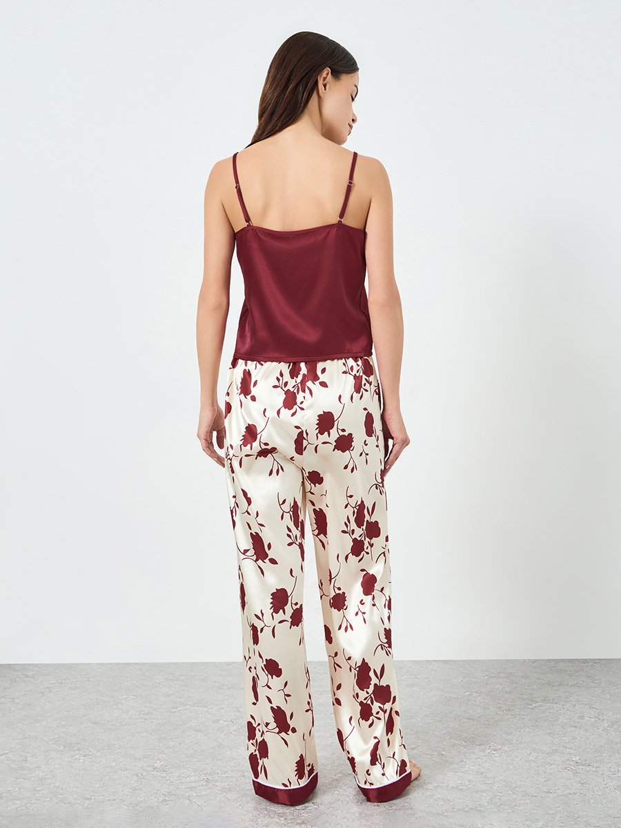 Burgundy Solid Cami and Floral Print Pyjama Set