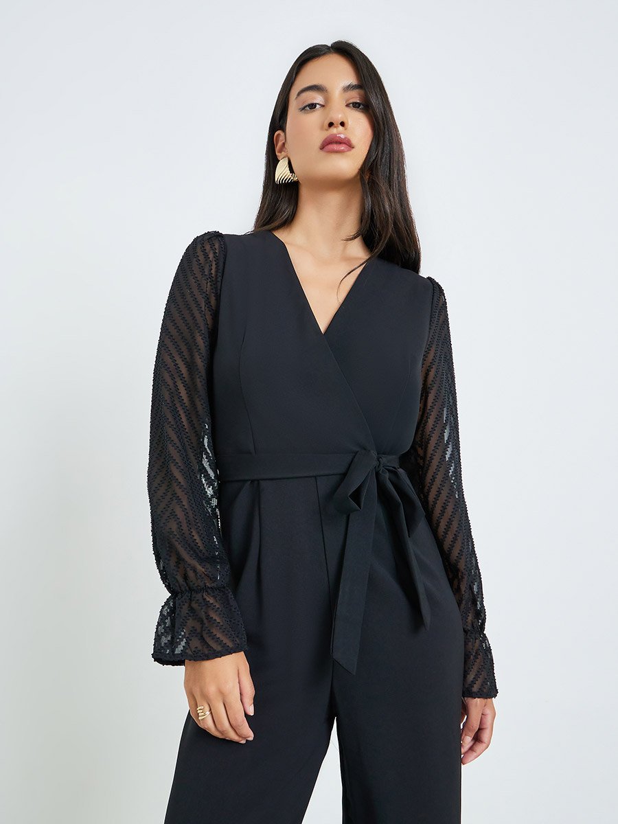 Black Wide Leg Jumpsuit with Sheer Sleeves