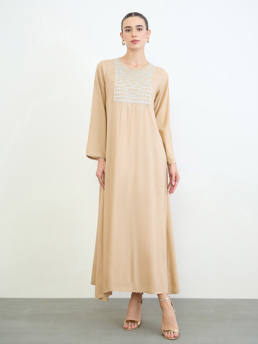 Beige Embroidery Yoke Round Neck Jalabiya