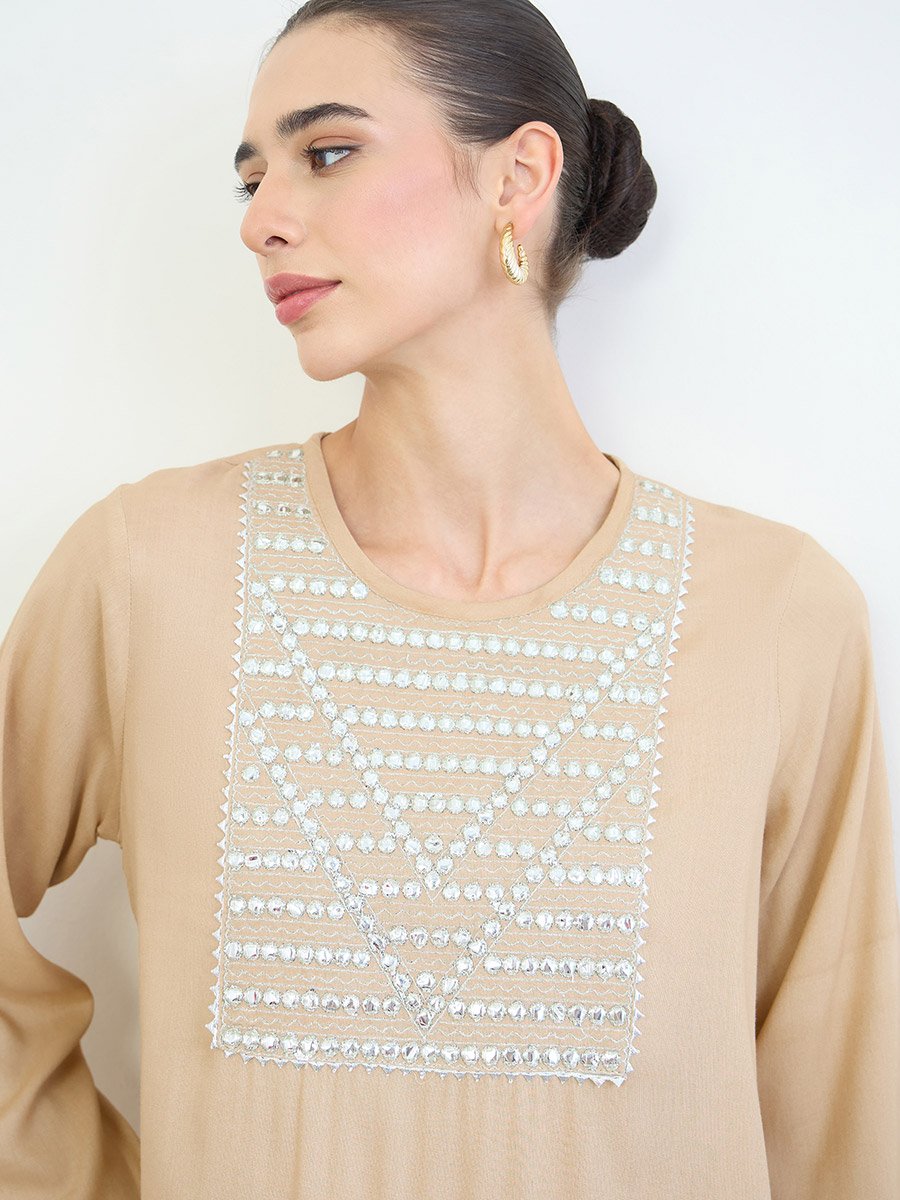 Beige Embroidery Yoke Round Neck Jalabiya