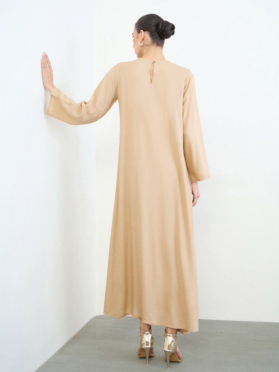 Beige Embroidery Yoke Round Neck Jalabiya