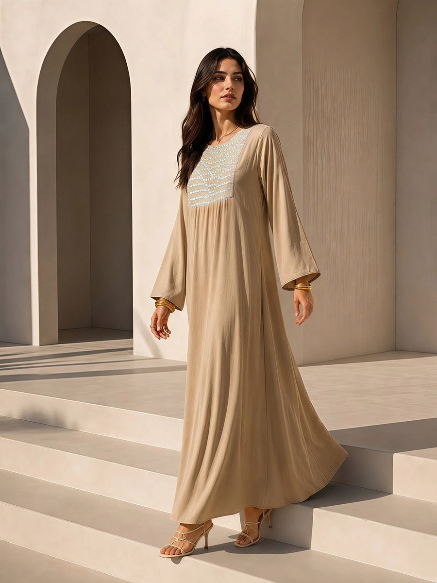 Beige Embroidery Yoke Round Neck Jalabiya