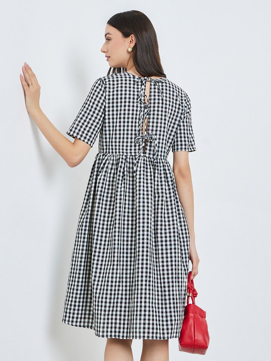 Black Gingham Check Midi Dress with Tie Back