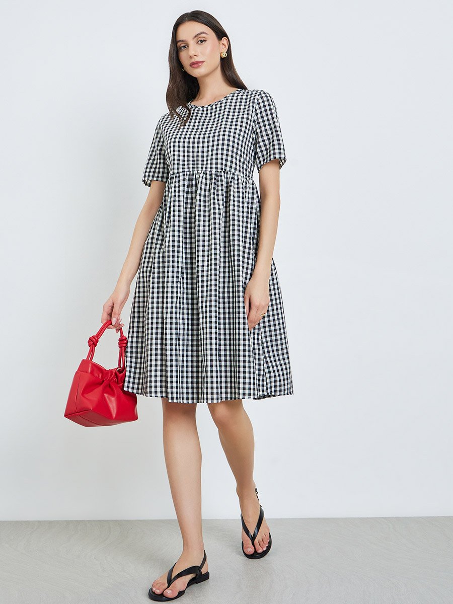 Black Gingham Check Midi Dress with Tie Back