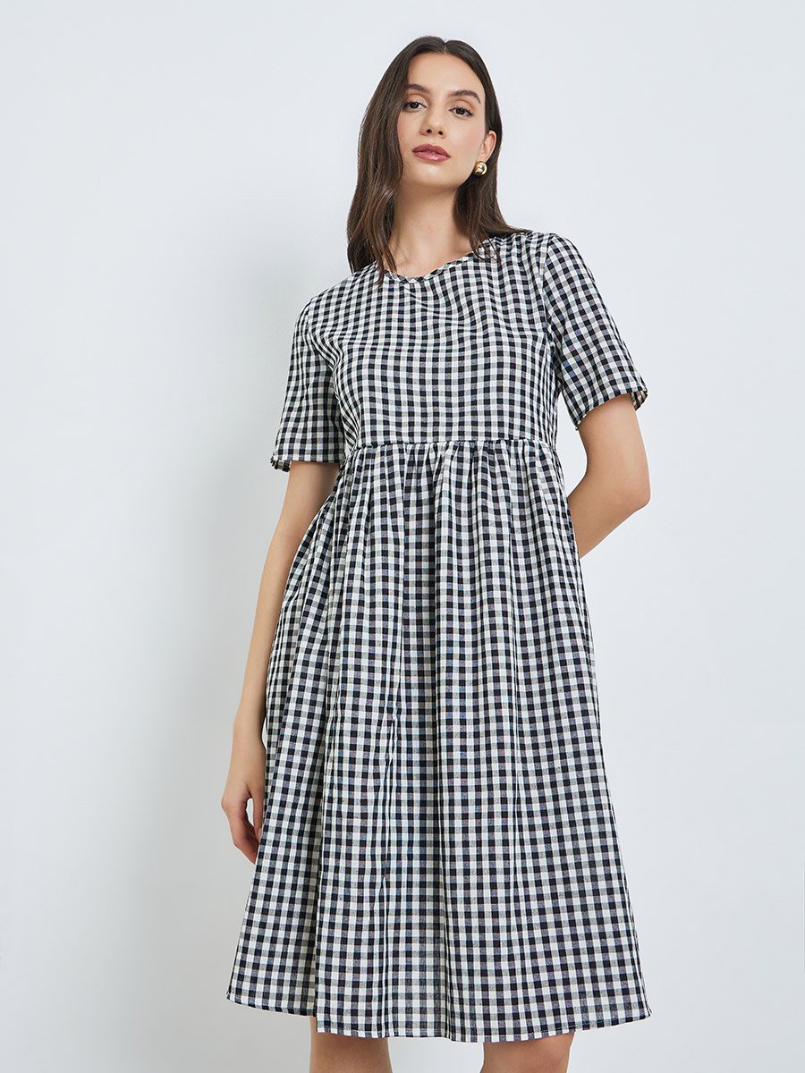 Black Gingham Check Midi Dress with Tie Back