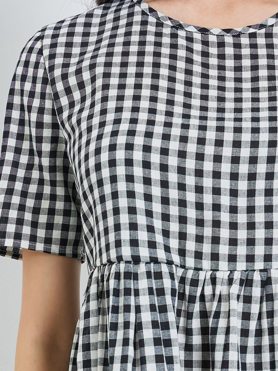 Black Gingham Check Midi Dress with Tie Back