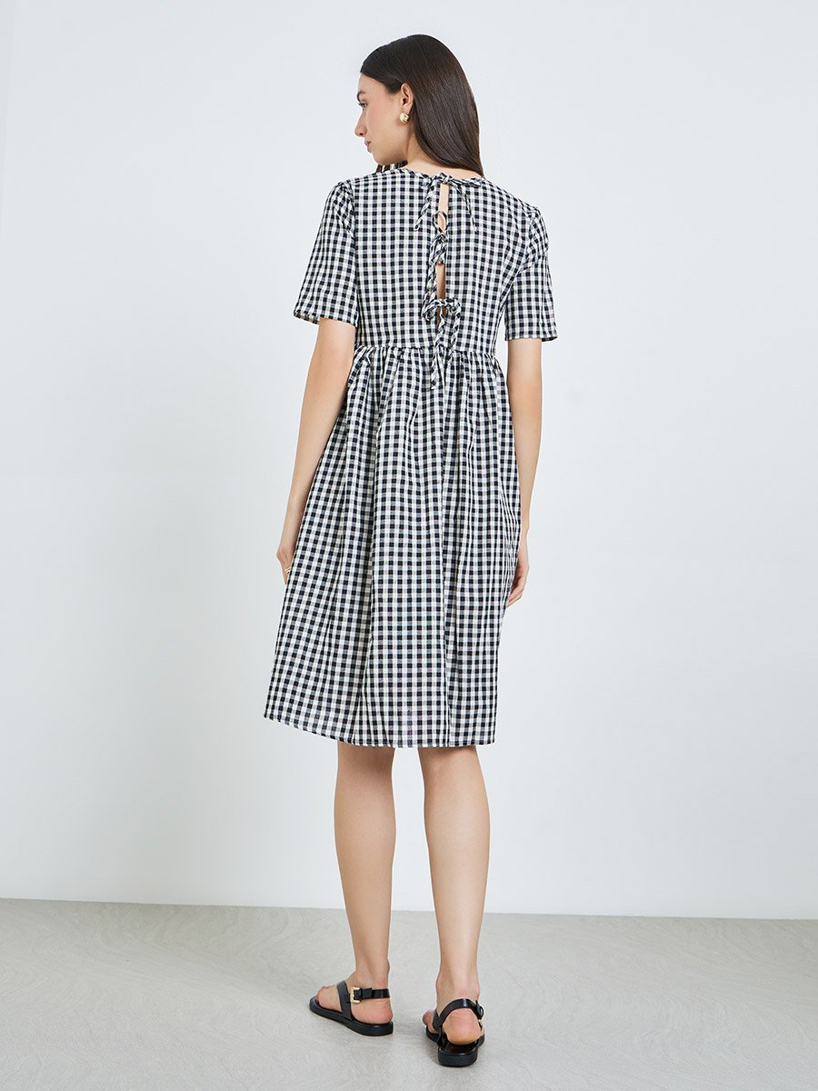 Black Gingham Check Midi Dress with Tie Back