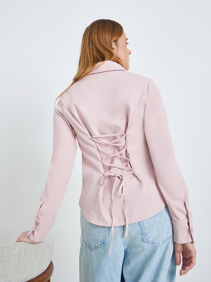 Light Pink Long Sleeve Back Tie-Up Shirt