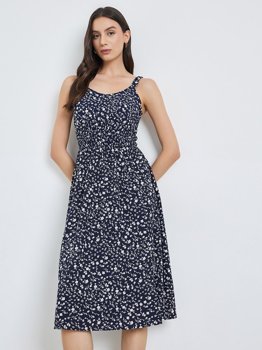 Blue Floral Smocked Waist Strappy Midi Dress