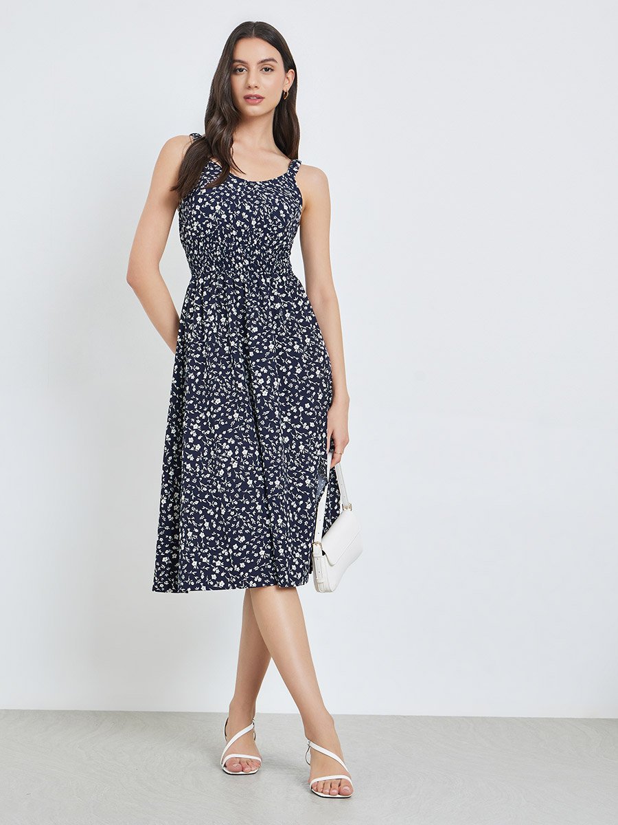 Blue Floral Smocked Waist Strappy Midi Dress