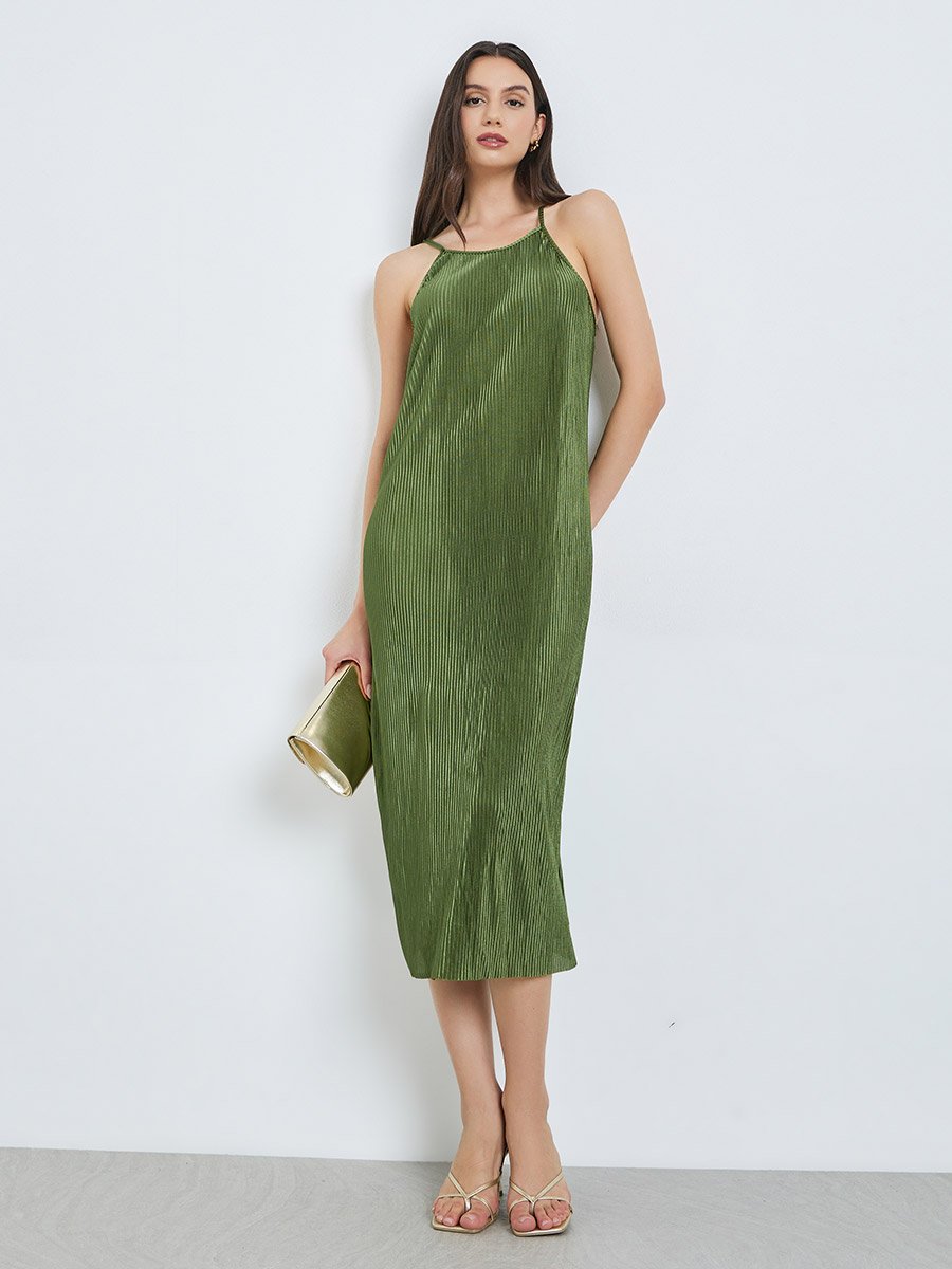 Green Strappy Plisse Shift Midi Dress For Women at Bahrain | Styli Green Strappy Plisse Shift Midi Dress For Women at Bahrain | Styli