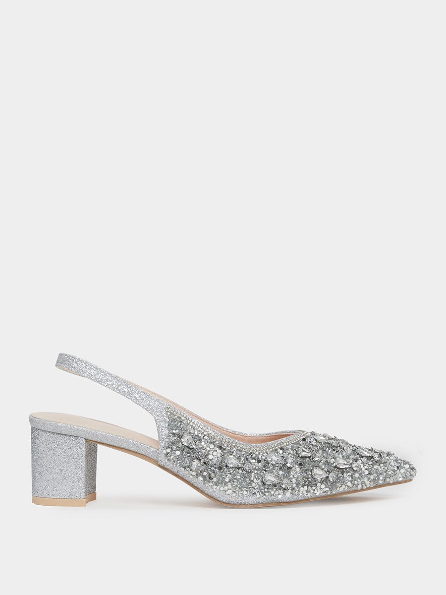 Silver Glitter Embellished Slingback Sandals