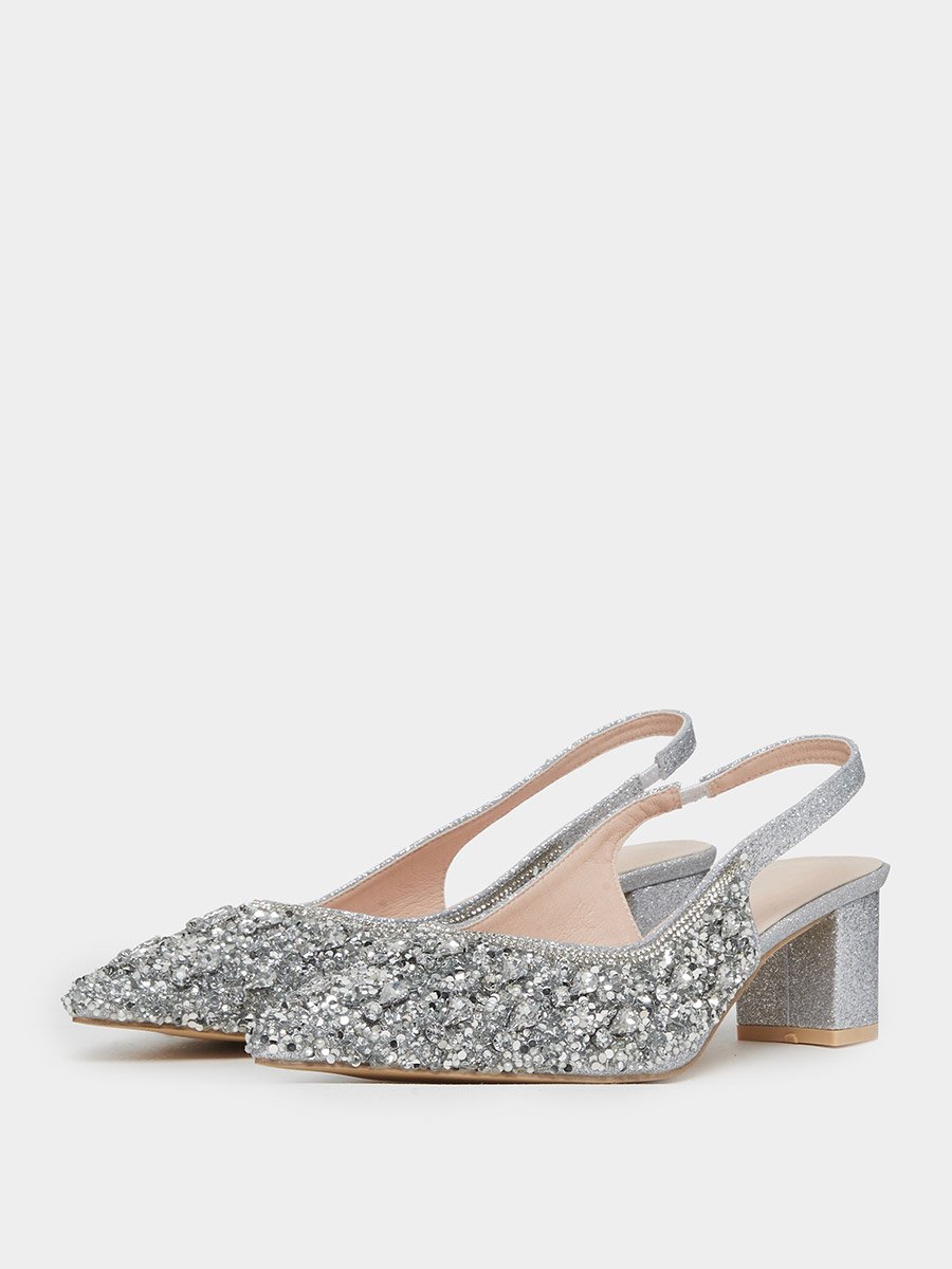 Silver Glitter Embellished Slingback Sandals
