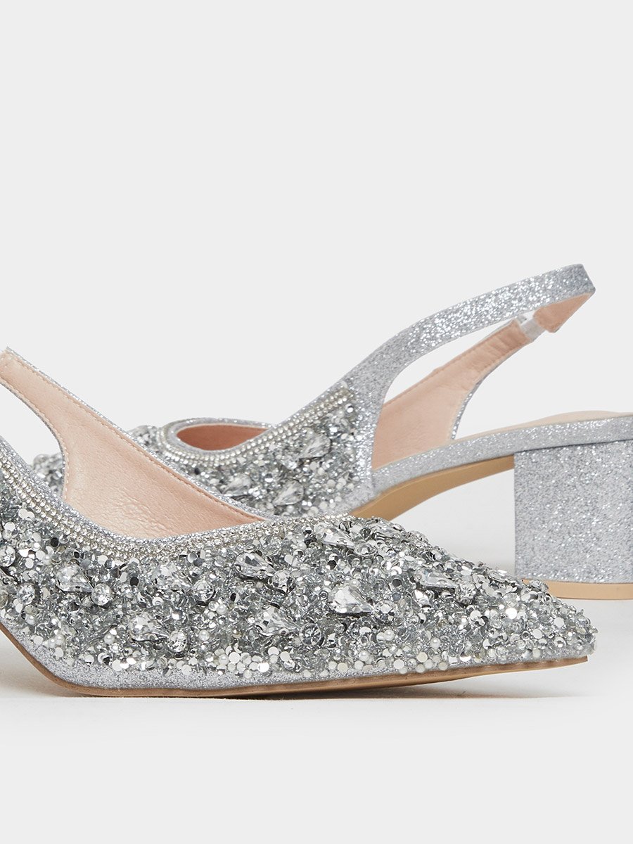 Silver Glitter Embellished Slingback Sandals