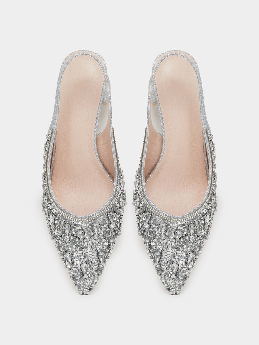 Silver Glitter Embellished Slingback Sandals