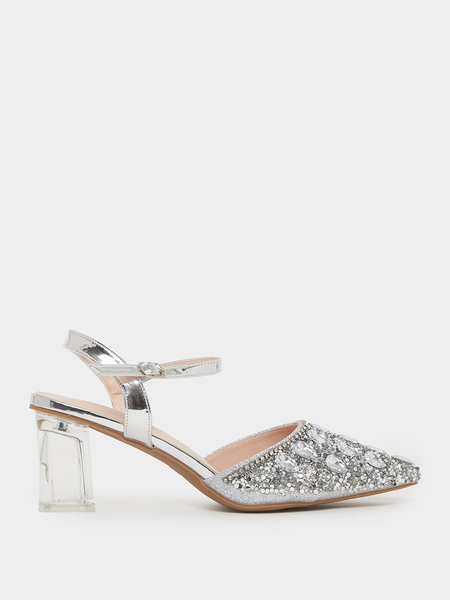 Silver Embellished Transparent-Heel Sandals