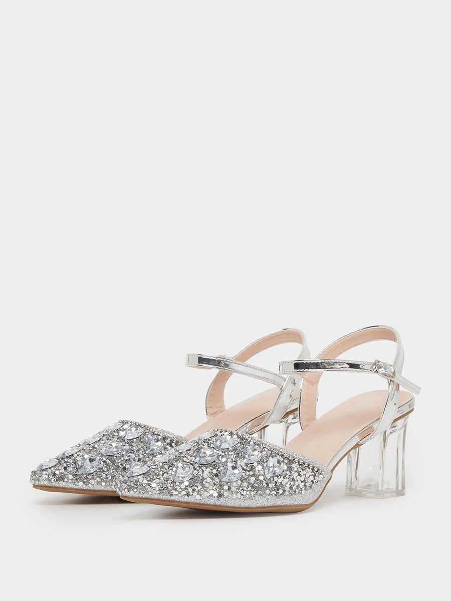 Silver Embellished Transparent-Heel Sandals