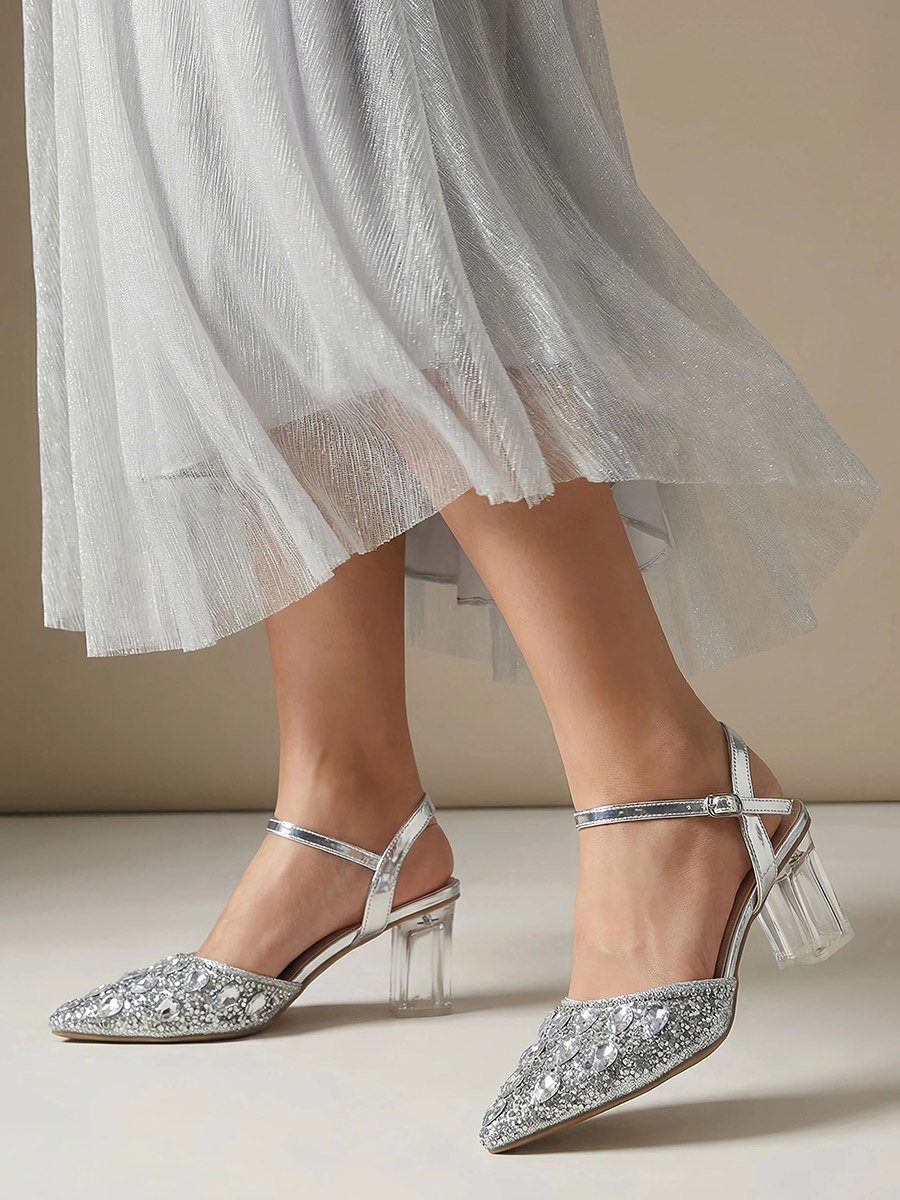 Silver Embellished Transparent-Heel Sandals