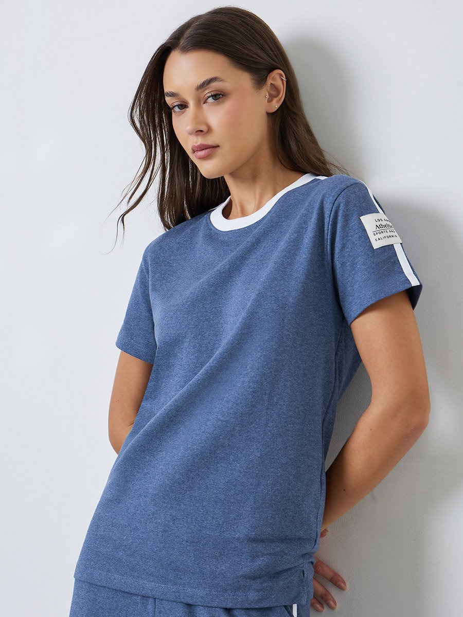 Blue Round Neck T-Shirt with Contrast Piping