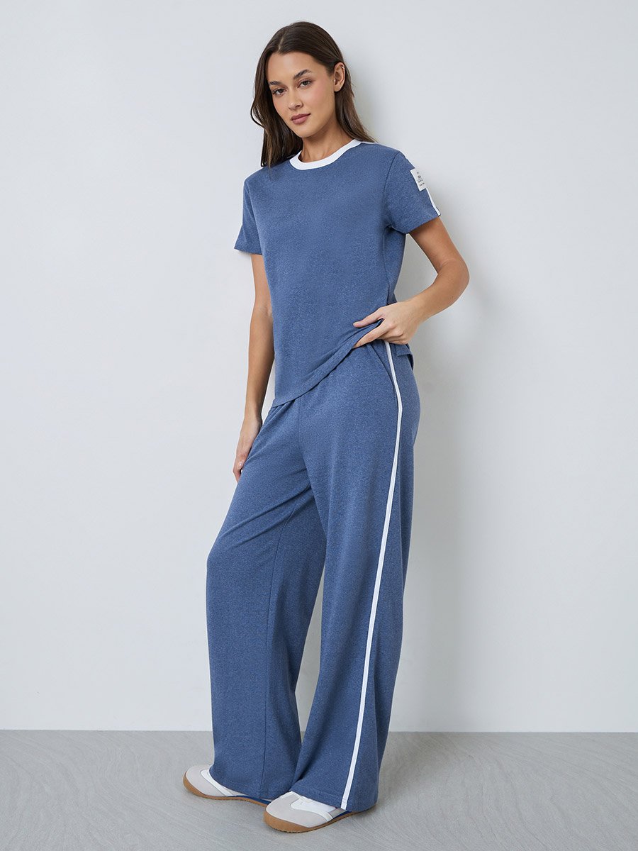 Blue Round Neck T-Shirt with Contrast Piping