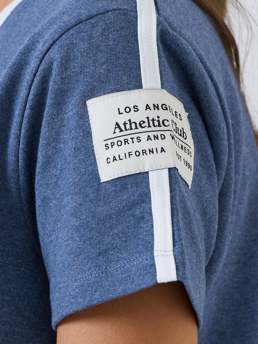 Blue Round Neck T-Shirt with Contrast Piping