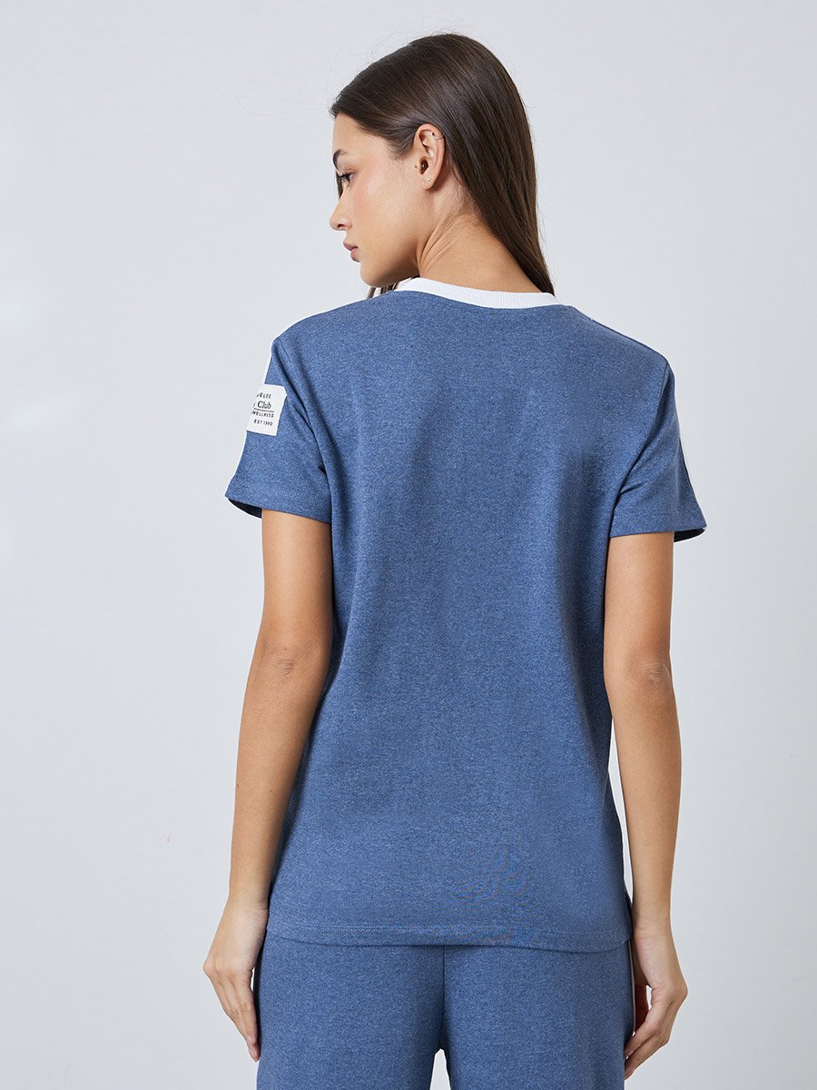 Blue Round Neck T-Shirt with Contrast Piping