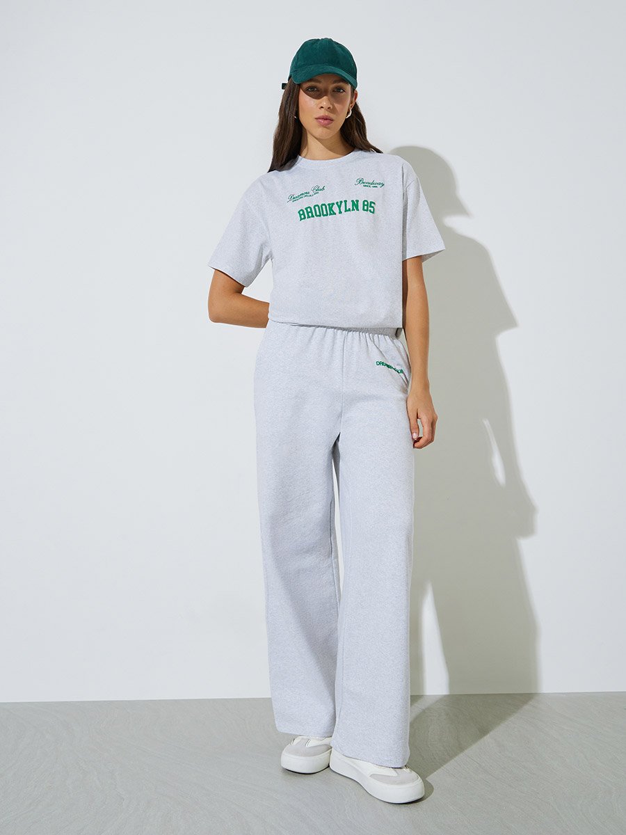 Grey Wide Leg Joggers with Drawstring and Side Pocket