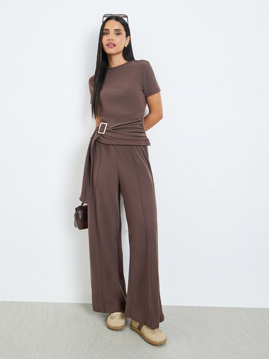 Brown Wide Leg Knitted Joggers