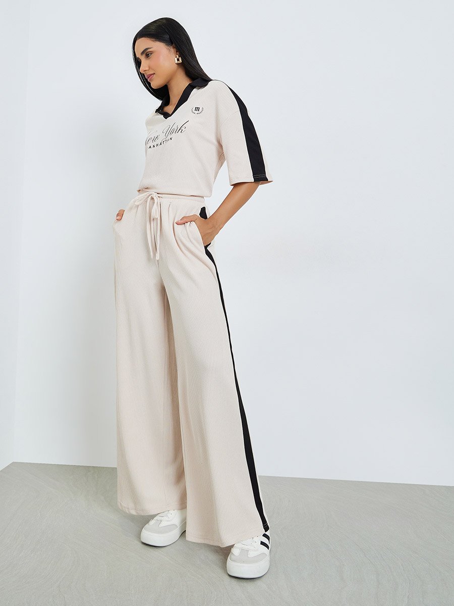Beige Wide Leg Joggers with Side Stripe